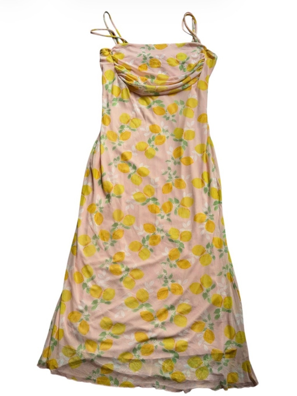 SEE YOU MONDAY Pink Cowl-Neck Midi Slip Dress with Yellow Lemon Print Sz Medium - Picture 2 of 11